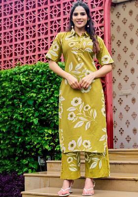 Olive Printed Cotton Kurta Set