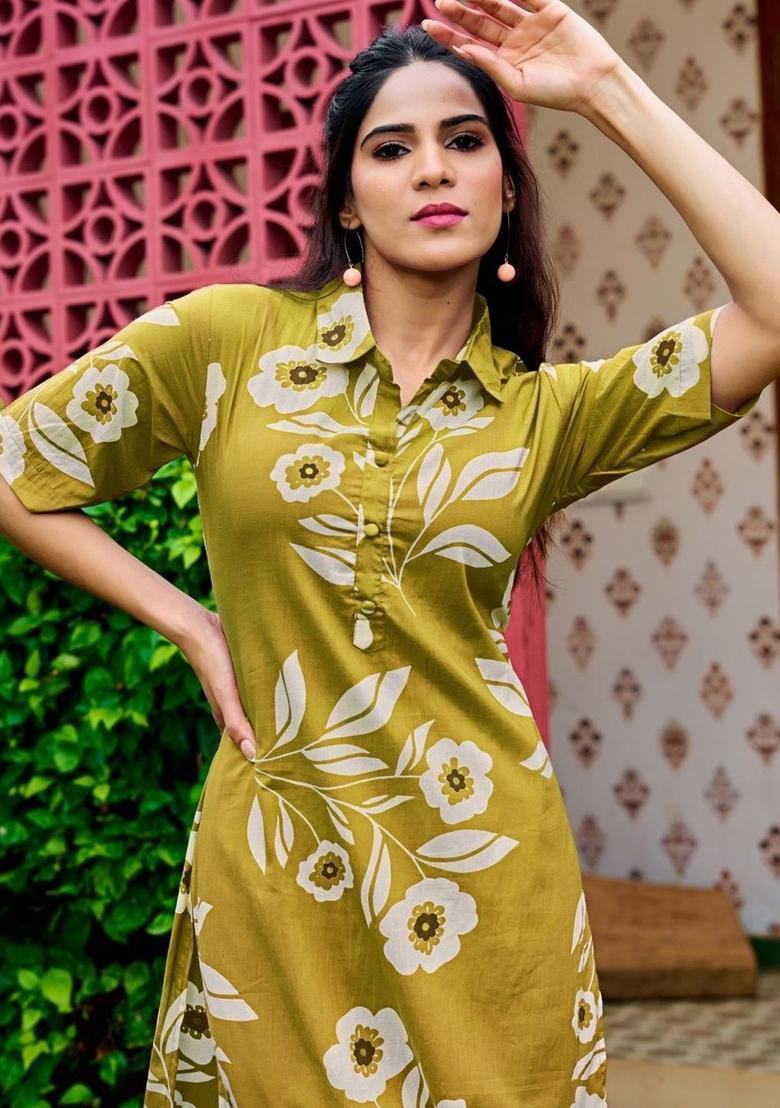 Olive Printed Cotton Kurta Set - Indya