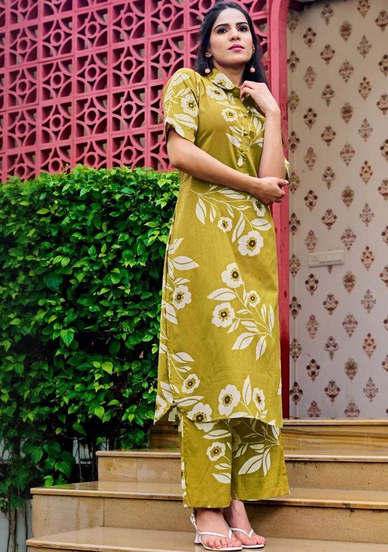 Olive Printed Cotton Kurta Set - Indya