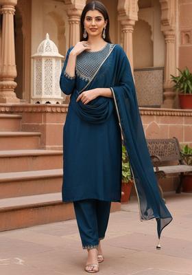 Navy Blue Embroidered Silk Kurta Set