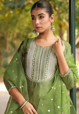 Green Embroidered Silk Kurta Set
