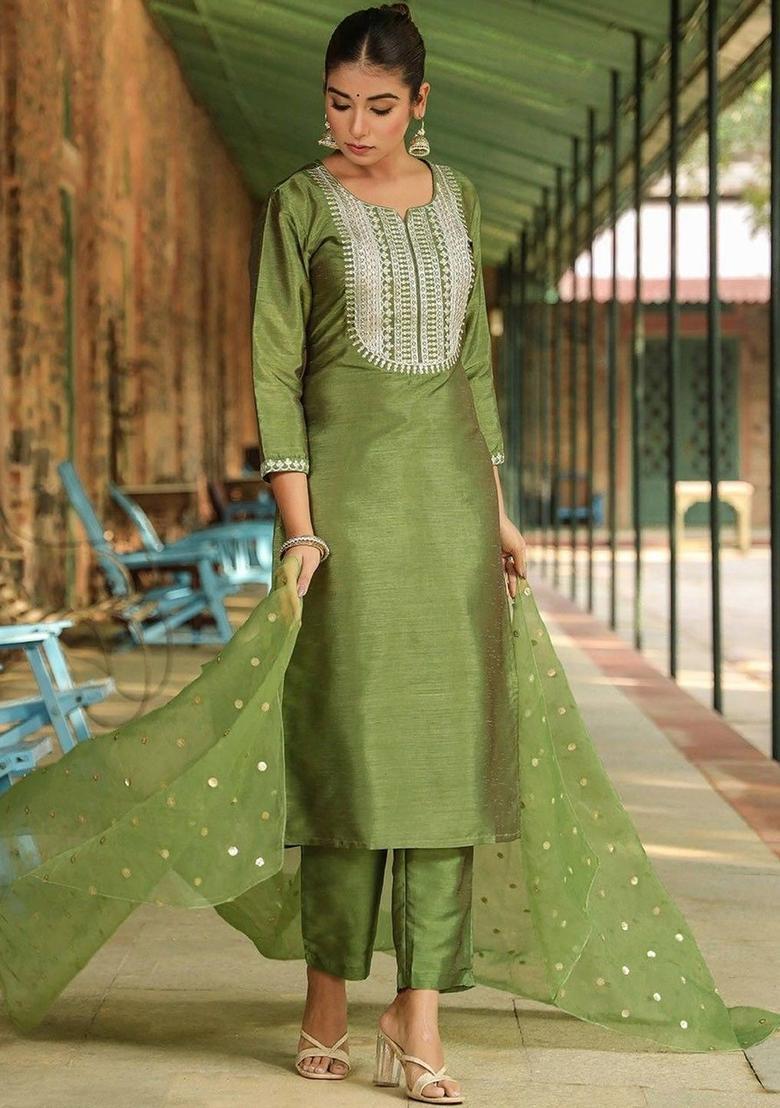 Green Embroidered Silk Kurta Set - Indya