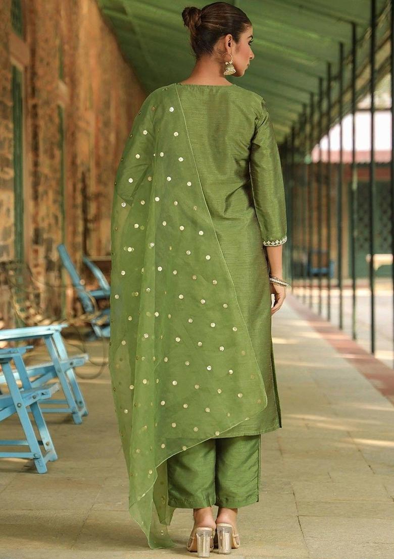 Green Embroidered Silk Kurta Set - Indya