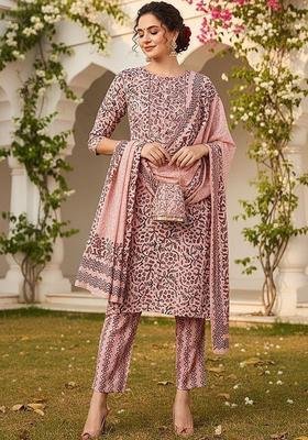 Pink Printed Silk Kurta Set