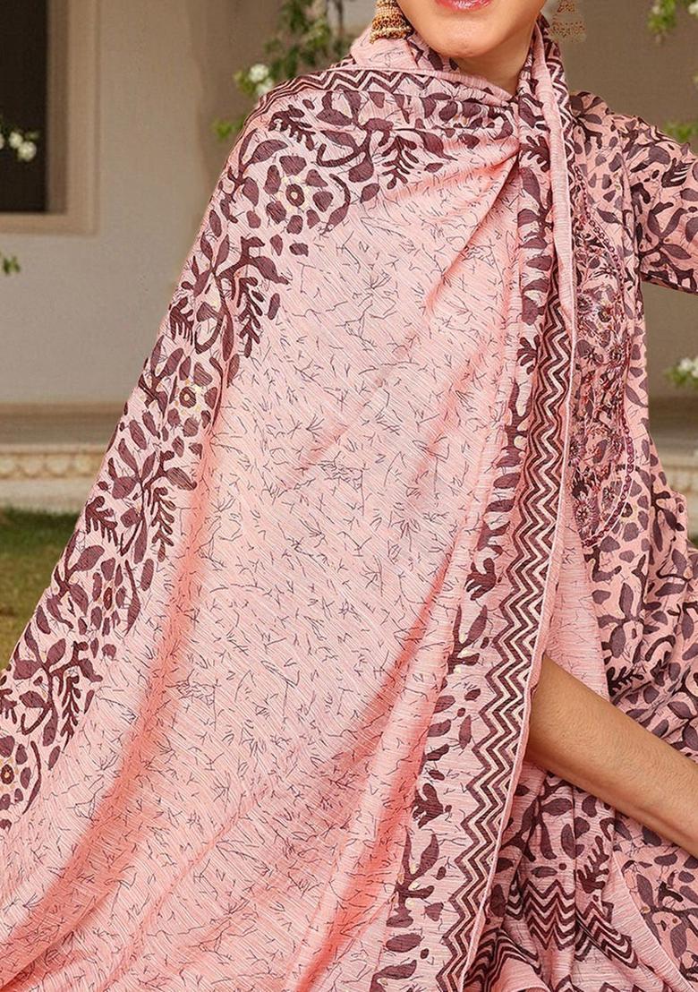 Pink Printed Silk Kurta Set - Indya