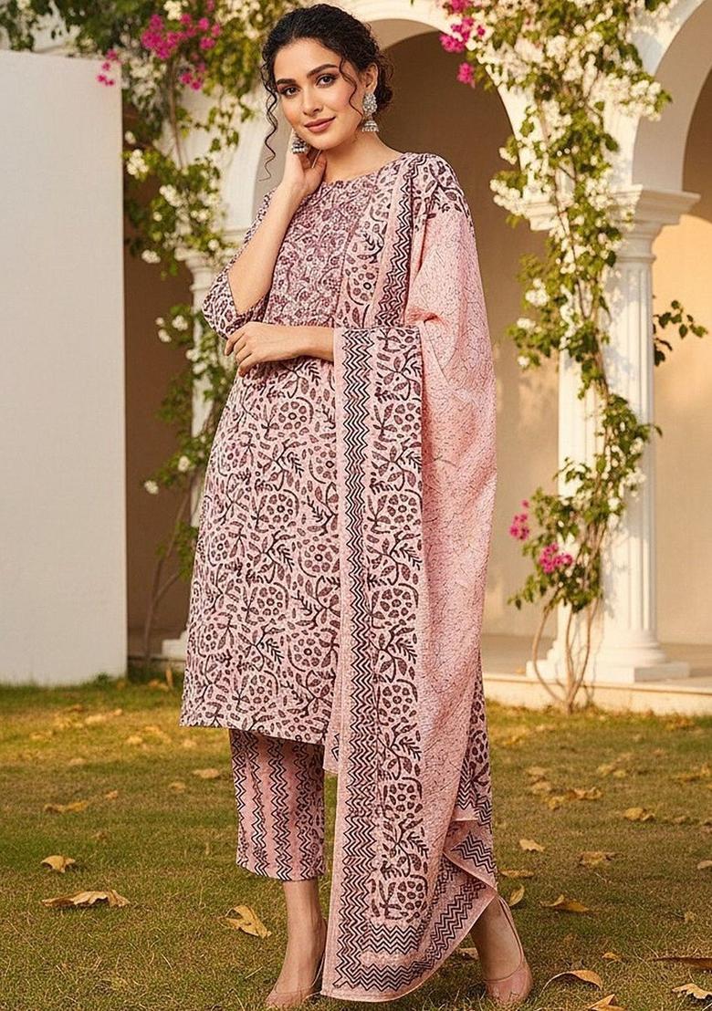 Pink Printed Silk Kurta Set - Indya
