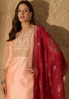 Peach Embroidered Silk Kurta Set