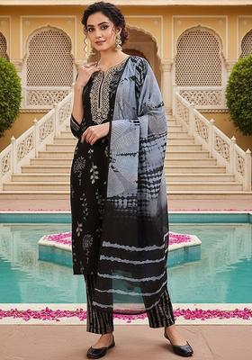 Black Printed Cotton Kurta Set
