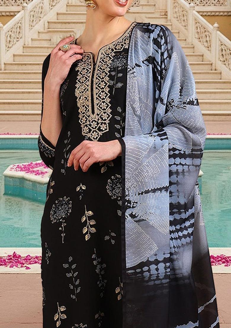 Black Printed Cotton Kurta Set - Indya