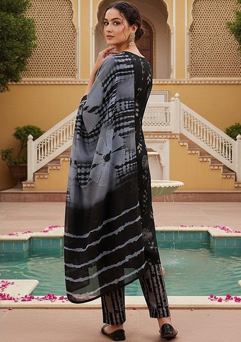 Black Printed Cotton Kurta Set - Indya