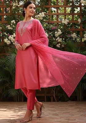 Pink Embroidered Silk Kurta Set