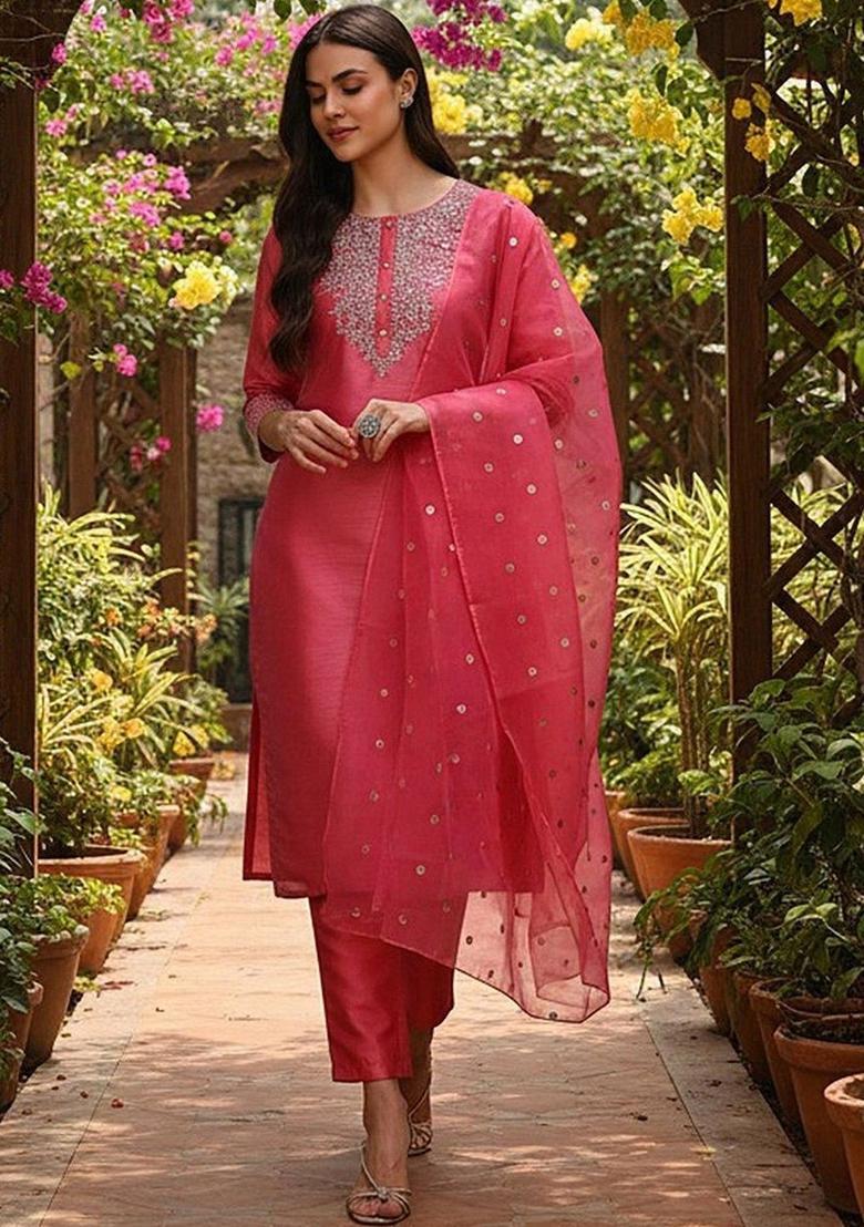 Pink Embroidered Silk Kurta Set - Indya