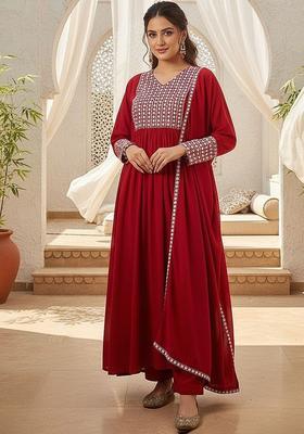 Maroon Embroidered Georgette Kurta Set