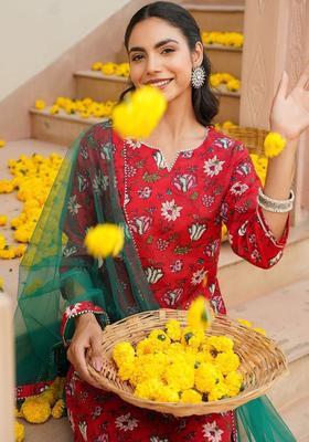 Red Printed Cotton Kurta Set