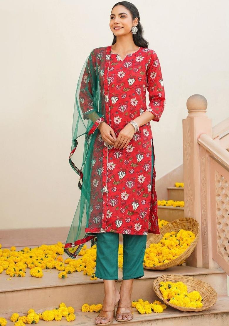 Red Printed Cotton Kurta Set - Indya