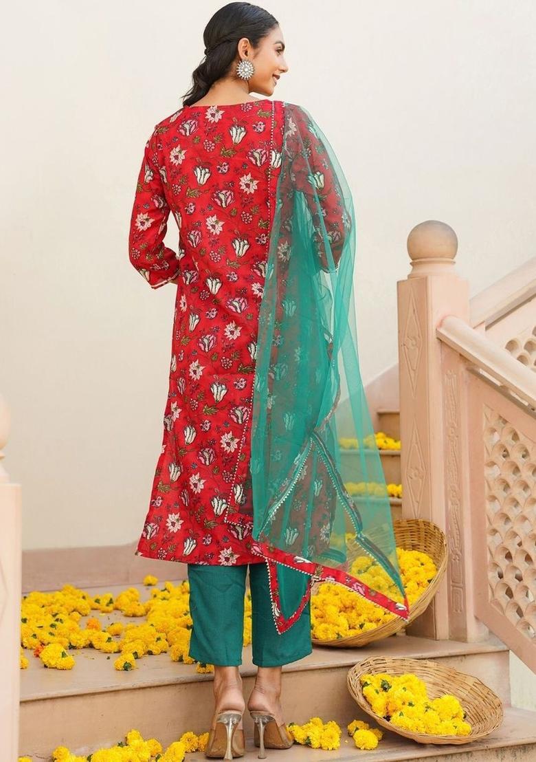 Red Printed Cotton Kurta Set - Indya