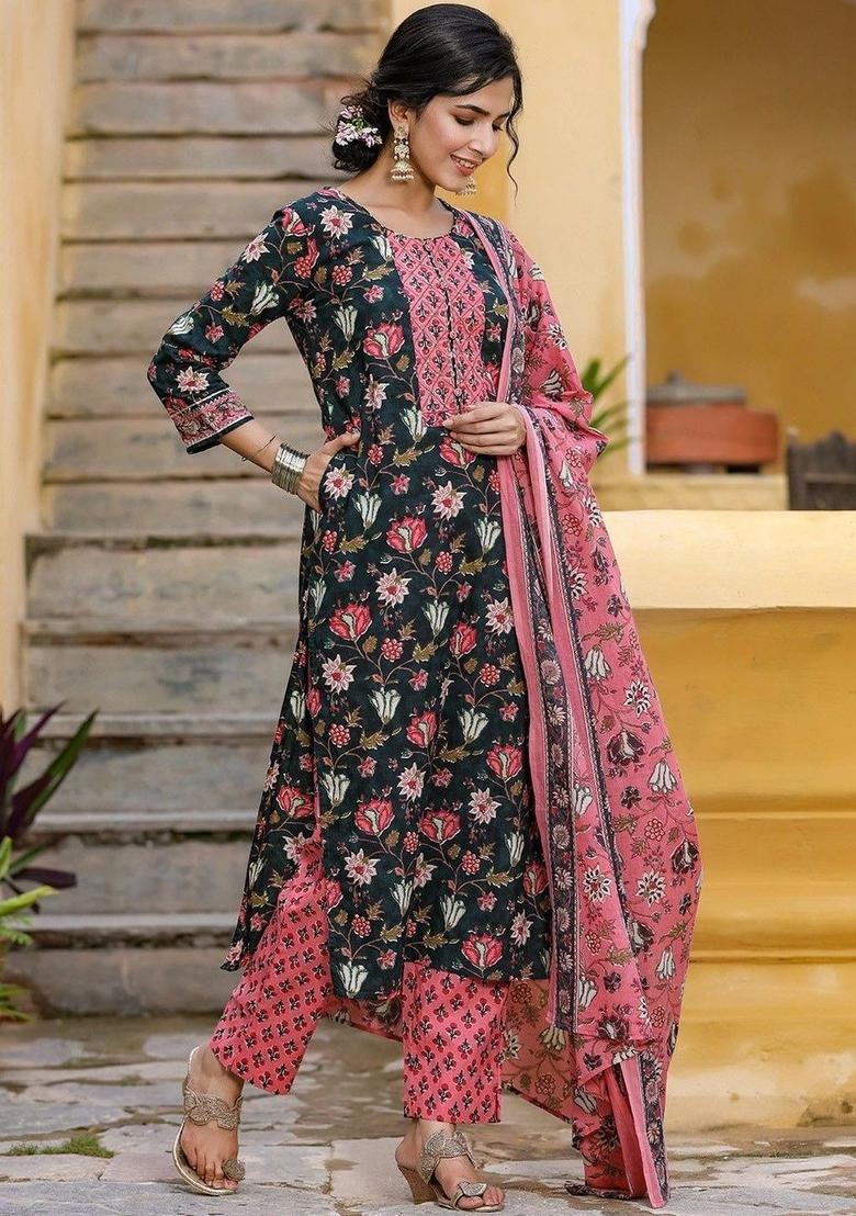 Black Printed Cotton Kurta Set - Indya