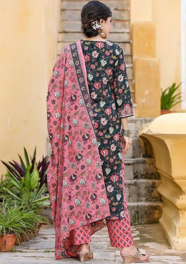 Black Printed Cotton Kurta Set - Indya