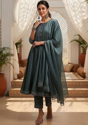 Teal Embroidered Silk Anarkali Set