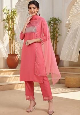 Pink Embroidered Silk Kurta Set
