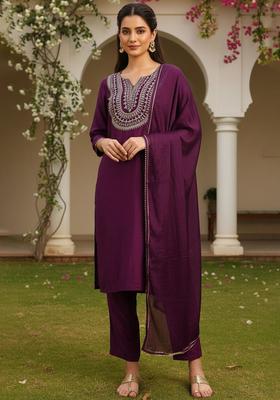 Purple Embroidered Silk Kurta Set