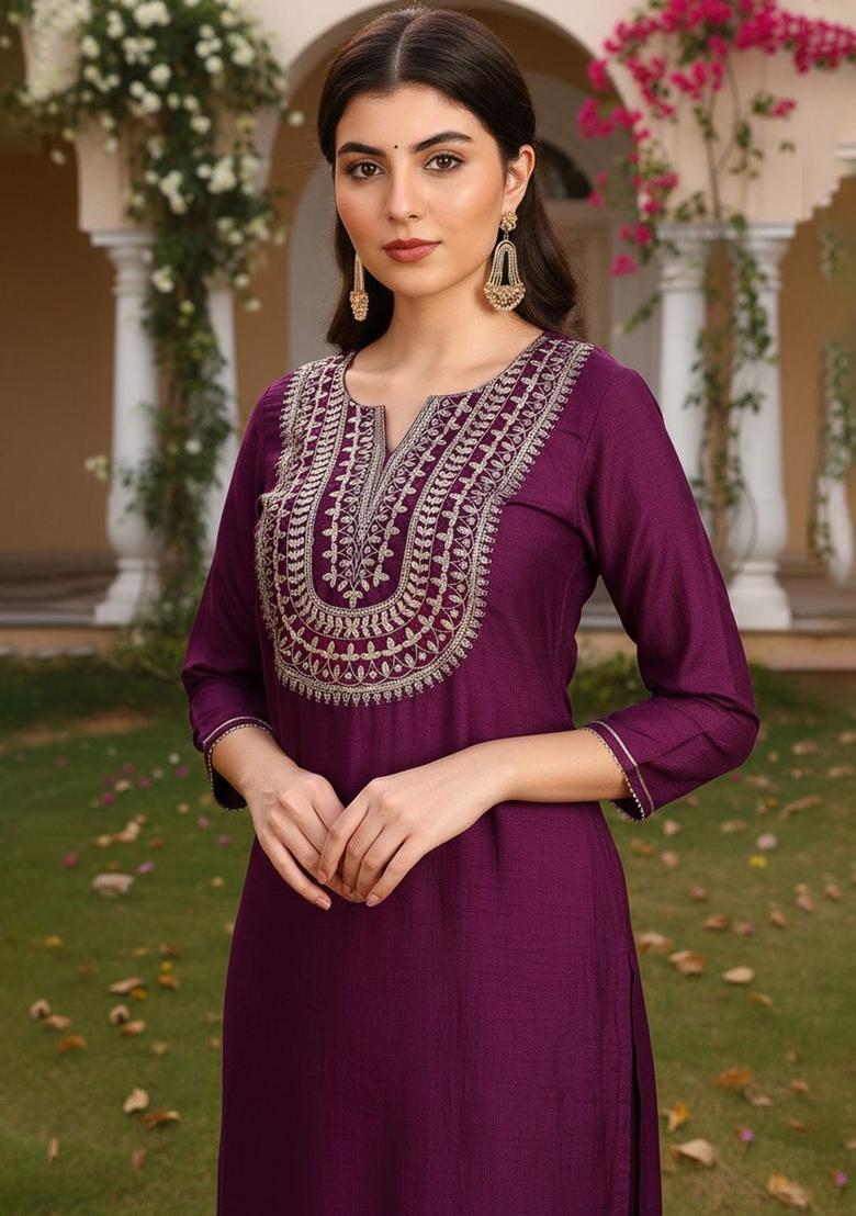 Purple Embroidered Silk Kurta Set - Indya