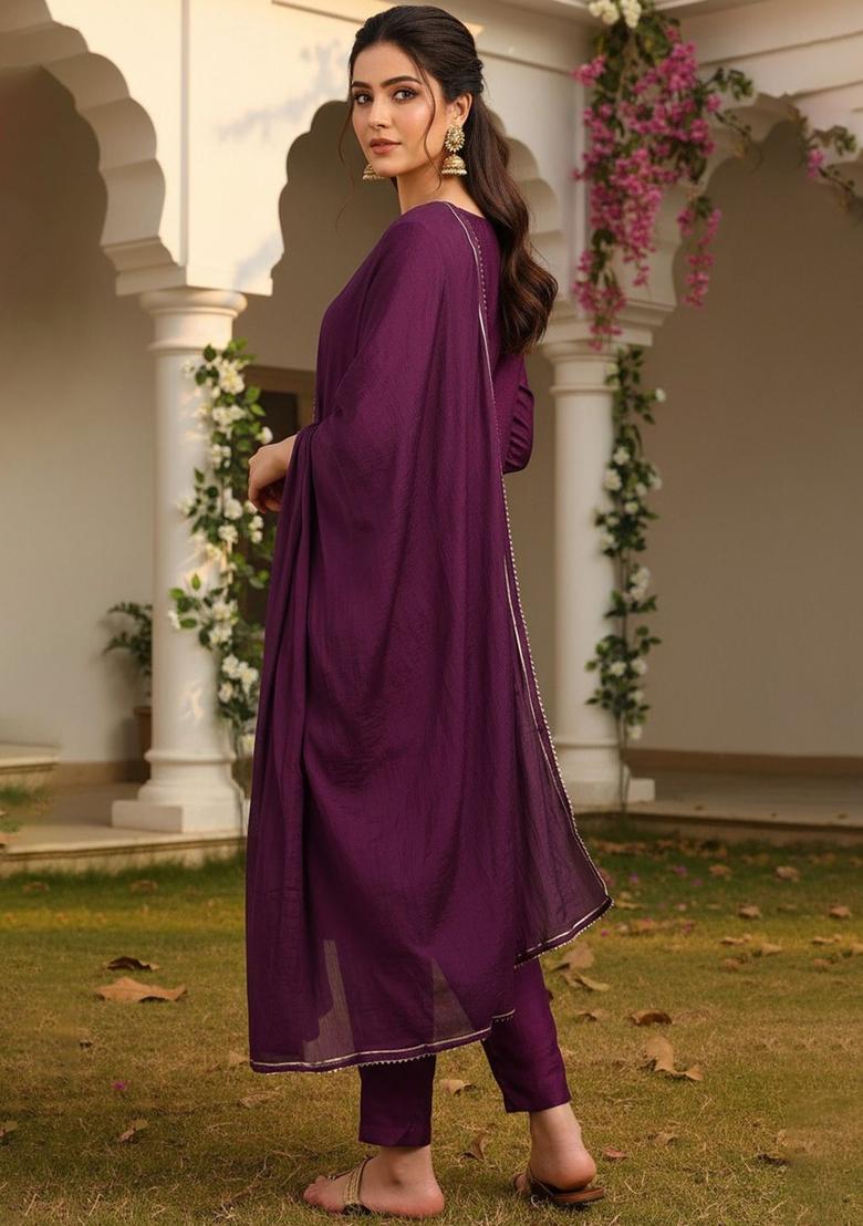 Purple Embroidered Silk Kurta Set - Indya