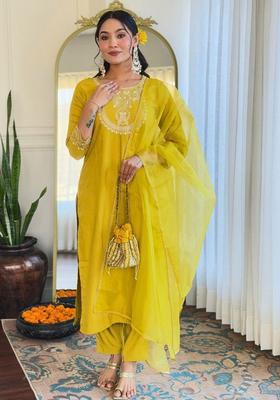 Yellow Embroidered Viscose Kurta Set