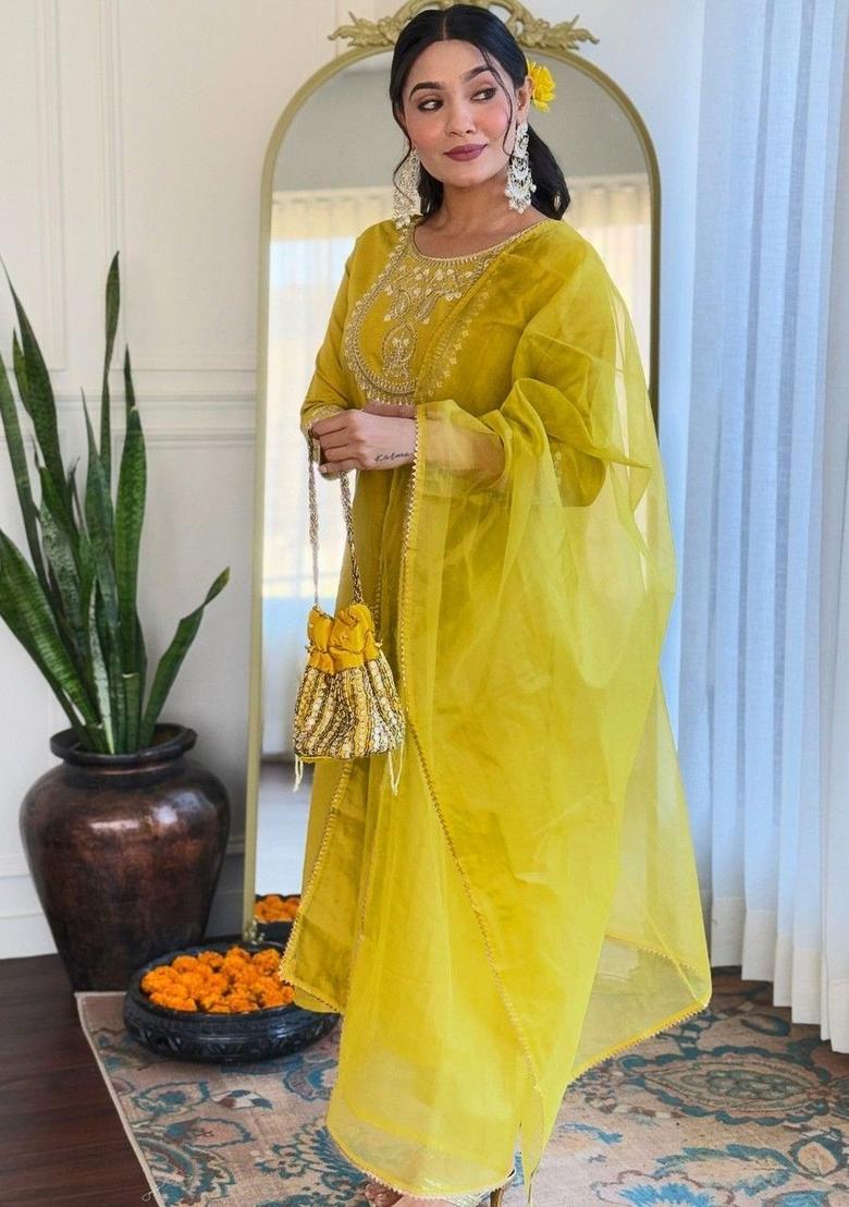 Yellow Embroidered Viscose Kurta Set - Indya