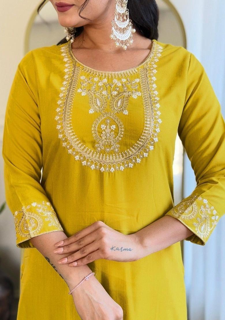 Yellow Embroidered Viscose Kurta Set - Indya