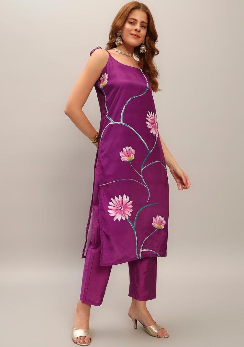 Purple Printed Crepe Kurta Set - Indya