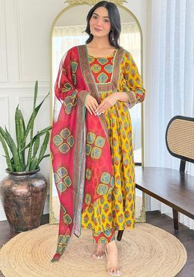 Yellow Printed Viscose Kurta Set