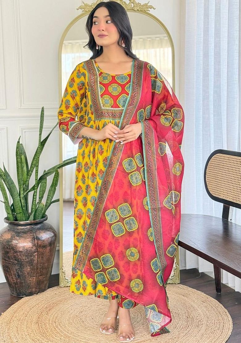 Yellow Printed Viscose Kurta Set - Indya