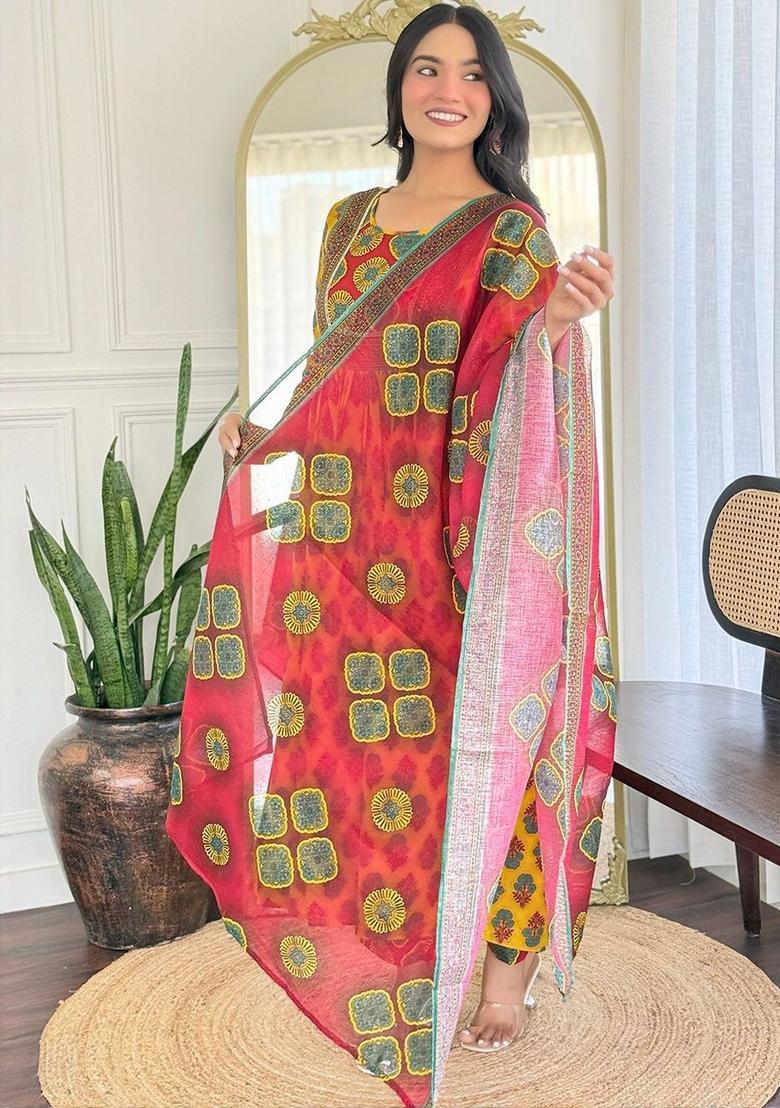 Yellow Printed Viscose Kurta Set - Indya