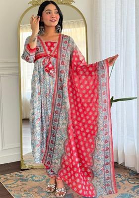 Blue Printed Viscose Kurta Set