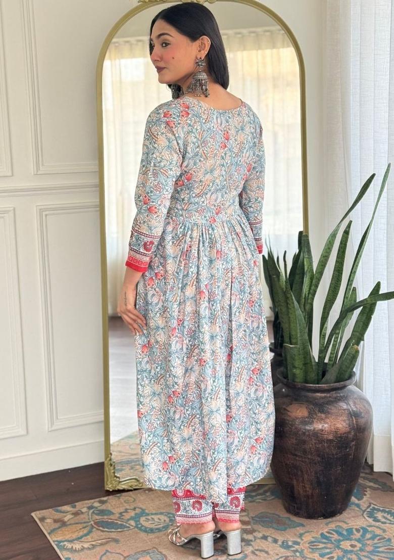 Blue Printed Viscose Kurta Set - Indya