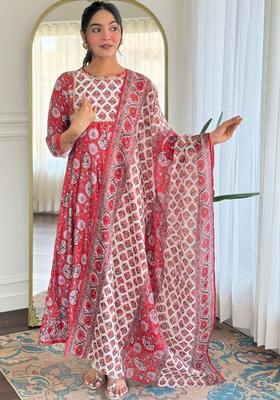 Red Printed Viscose Kurta Set