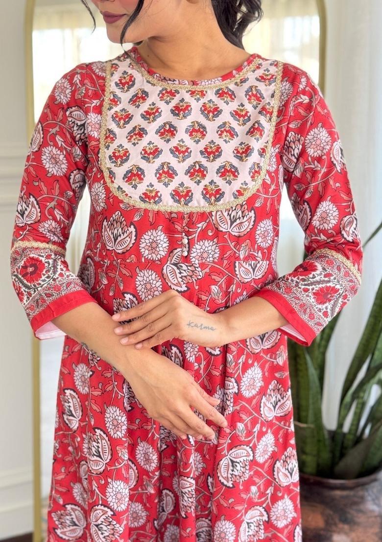 Red Printed Viscose Kurta Set - Indya