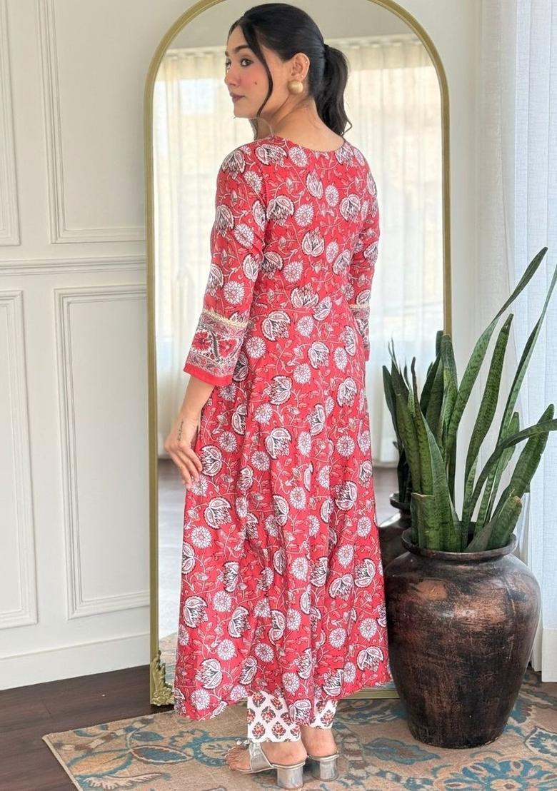 Red Printed Viscose Kurta Set - Indya