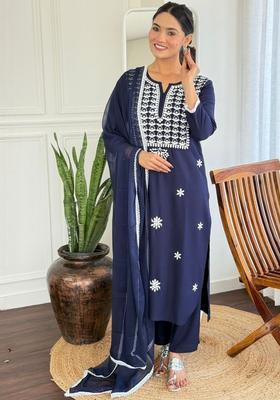 Navy Blue Yoke Design Viscose Kurta Set