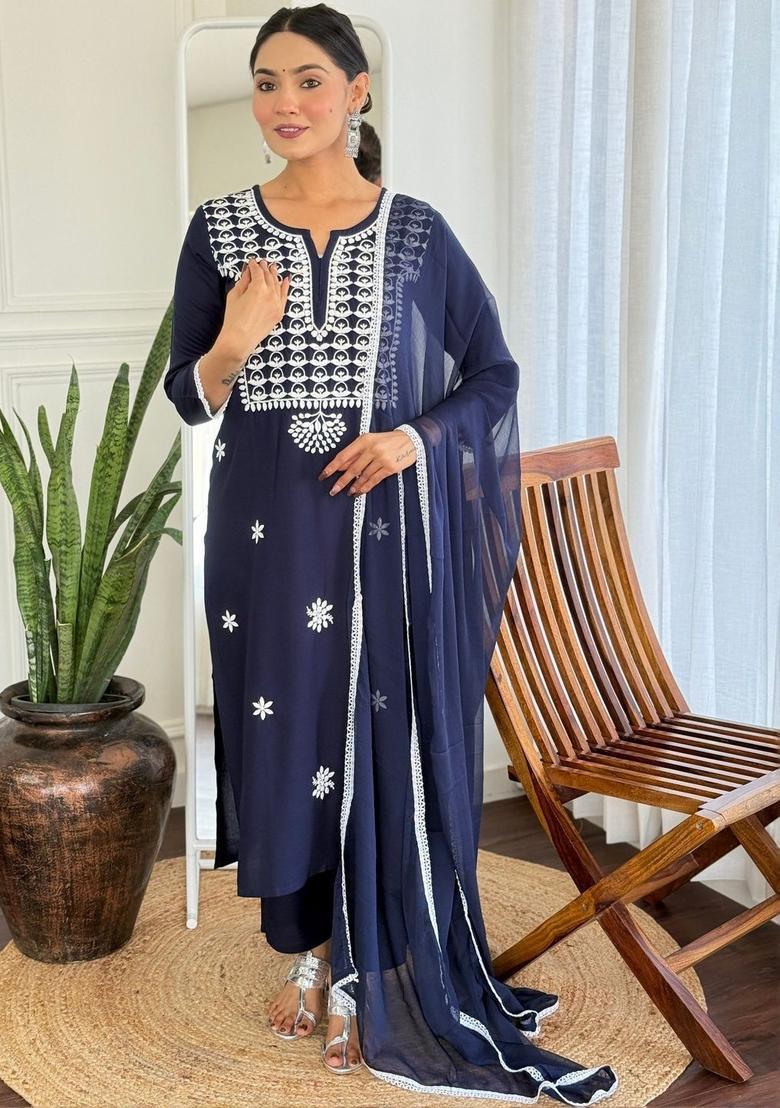 Navy Blue Yoke Design Viscose Kurta Set - Indya