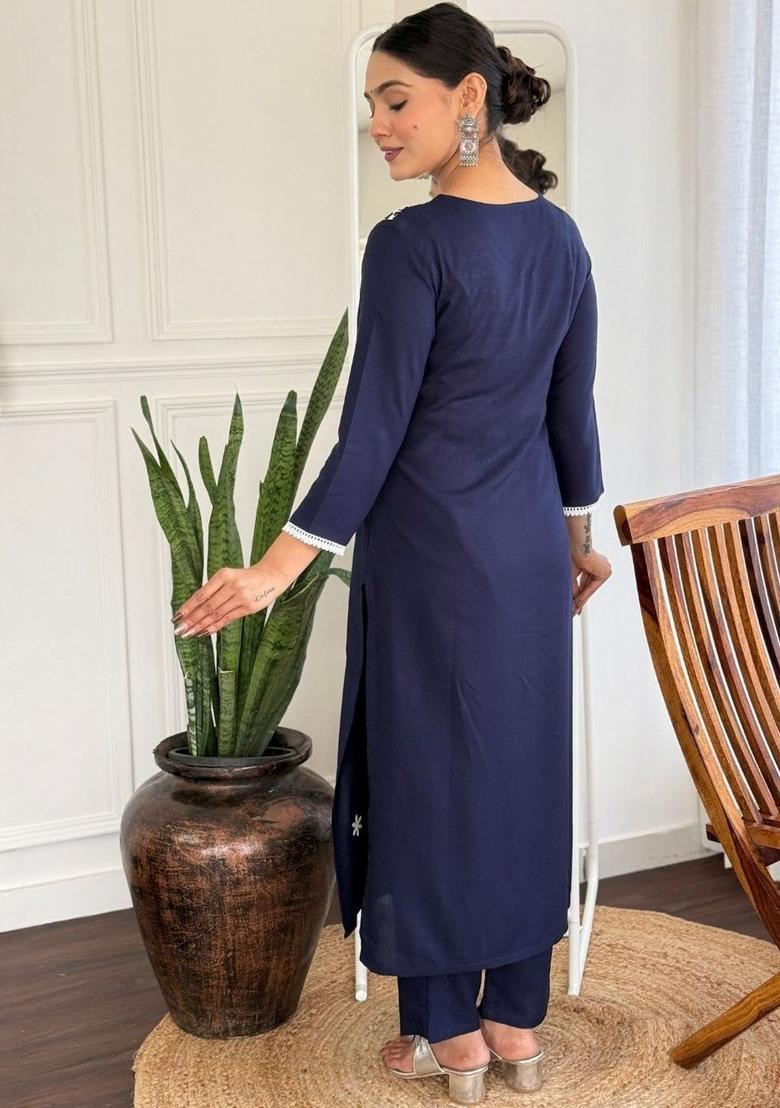 Navy Blue Yoke Design Viscose Kurta Set - Indya