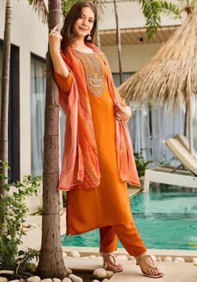 Orange Embroidered Viscose Kurta Set
