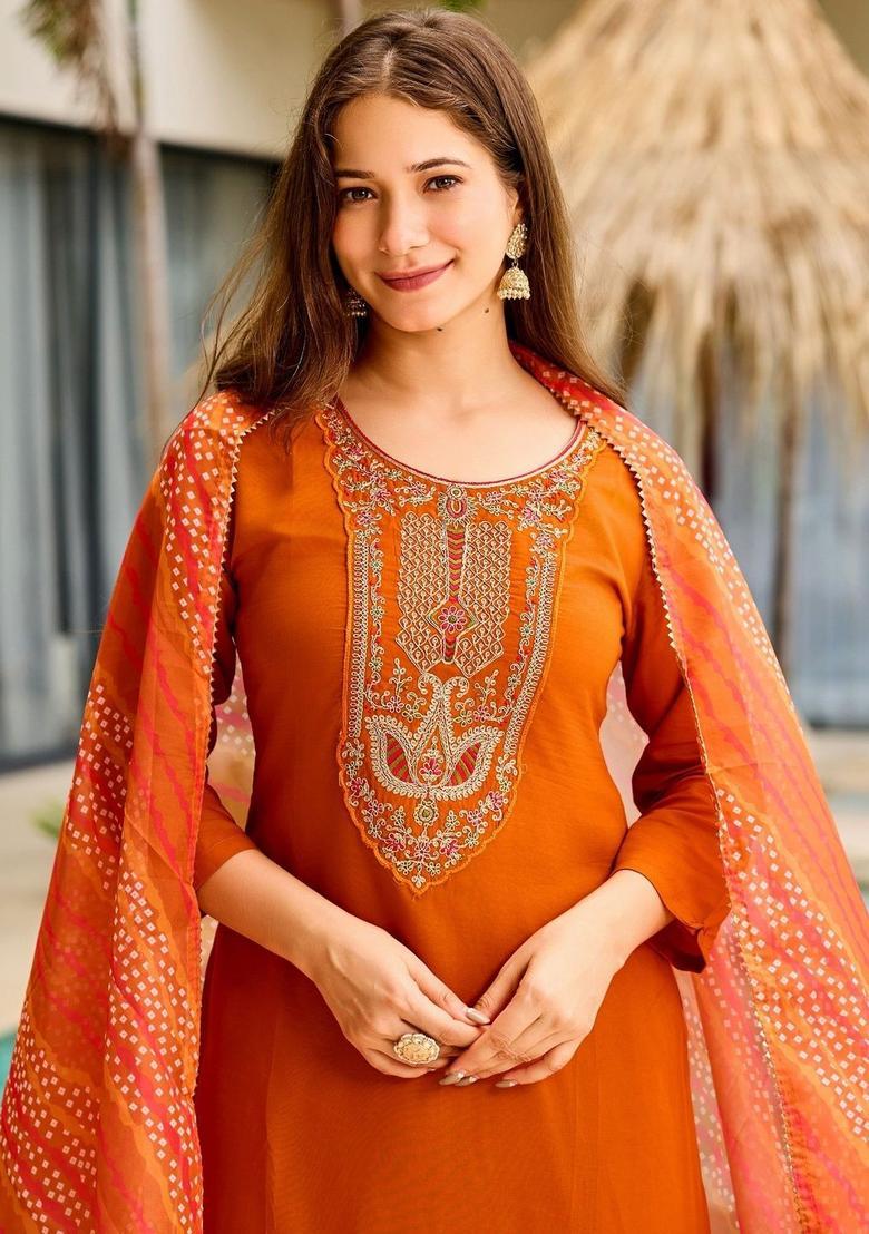 Orange Embroidered Viscose Kurta Set - Indya