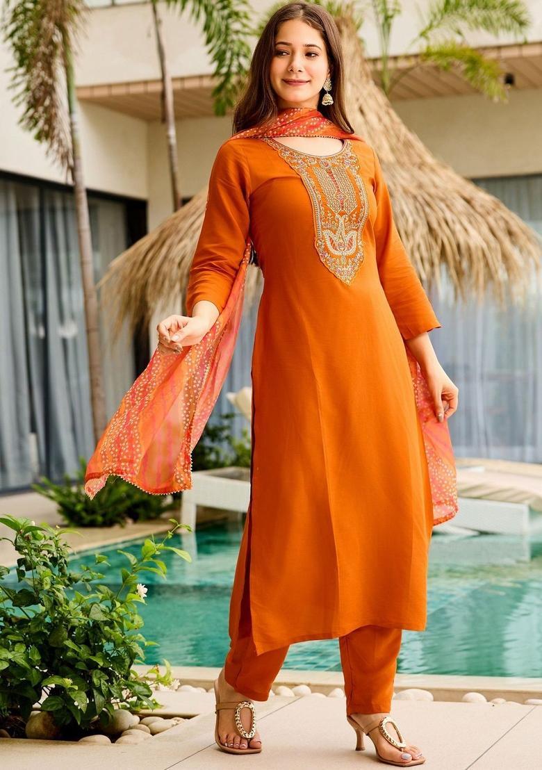Orange Embroidered Viscose Kurta Set - Indya
