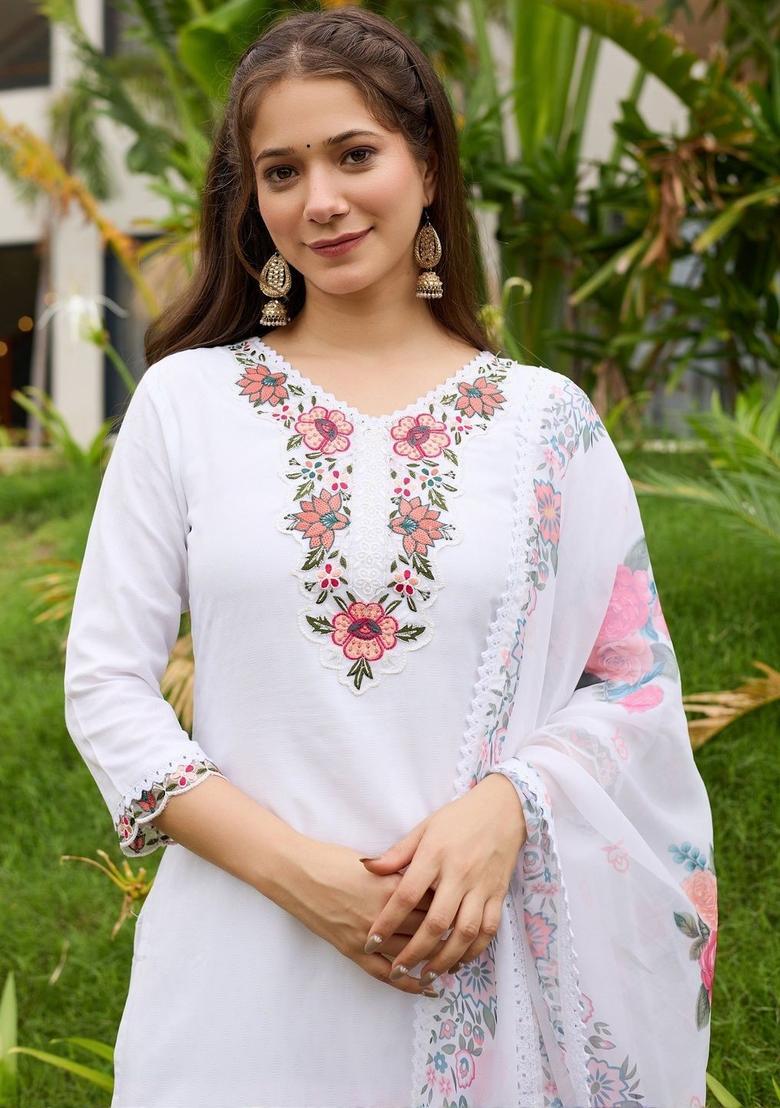 White Embroidered Viscose Kurta Set - Indya