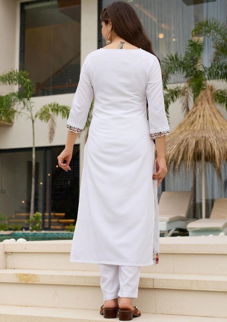White Embroidered Viscose Kurta Set - Indya