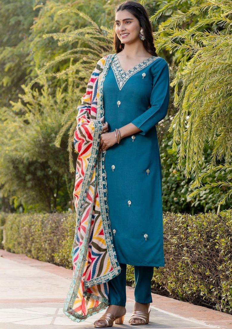 Teal Embroidered Viscose Kurta Set - Indya