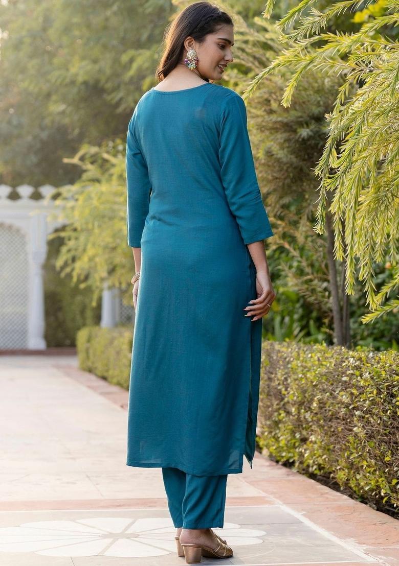 Teal Embroidered Viscose Kurta Set - Indya