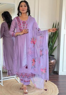 Purple Embroidered Viscose Kurta Set